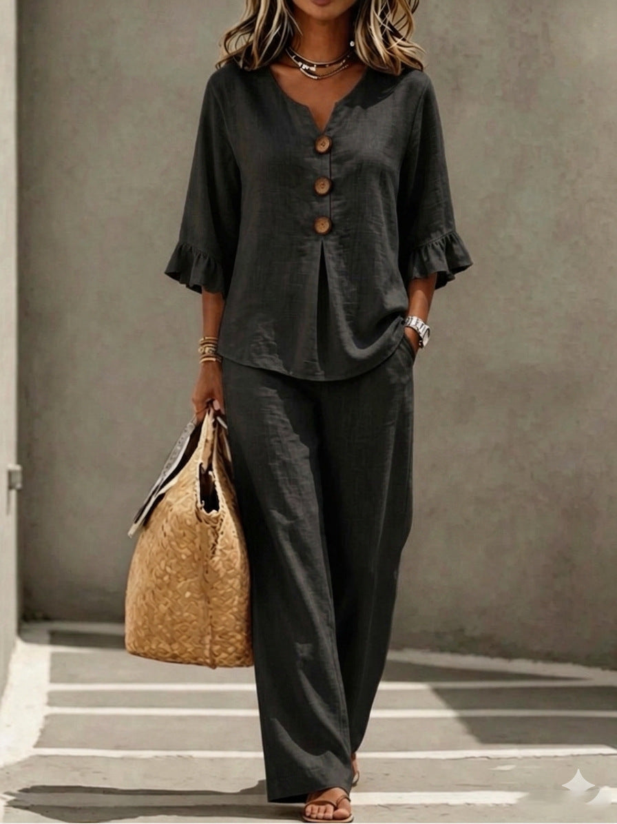 Women's V Neck Ruffle Sleeve Button Top Wide Leg Pants Set