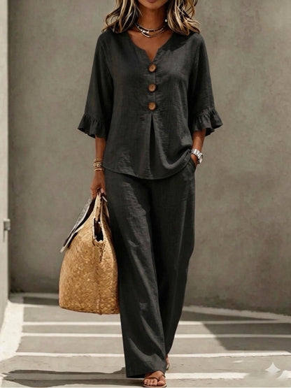 Women's V Neck Ruffle Sleeve Button Top Wide Leg Pants Set