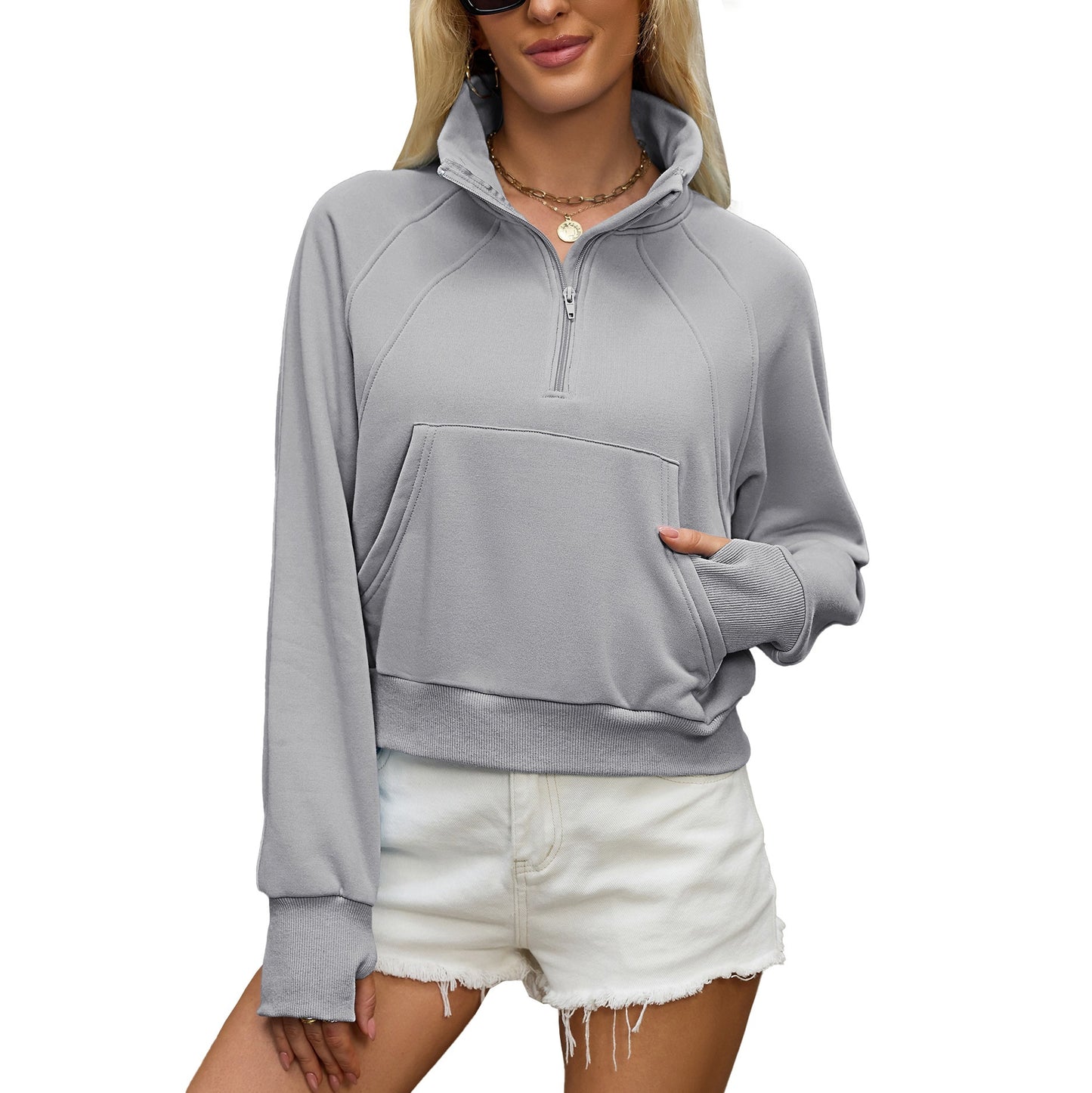 Women's Oversized Quarter Zip Cropped Sweatshirt Pocket
