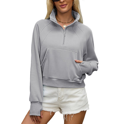 Women's Oversized Quarter Zip Cropped Sweatshirt Pocket
