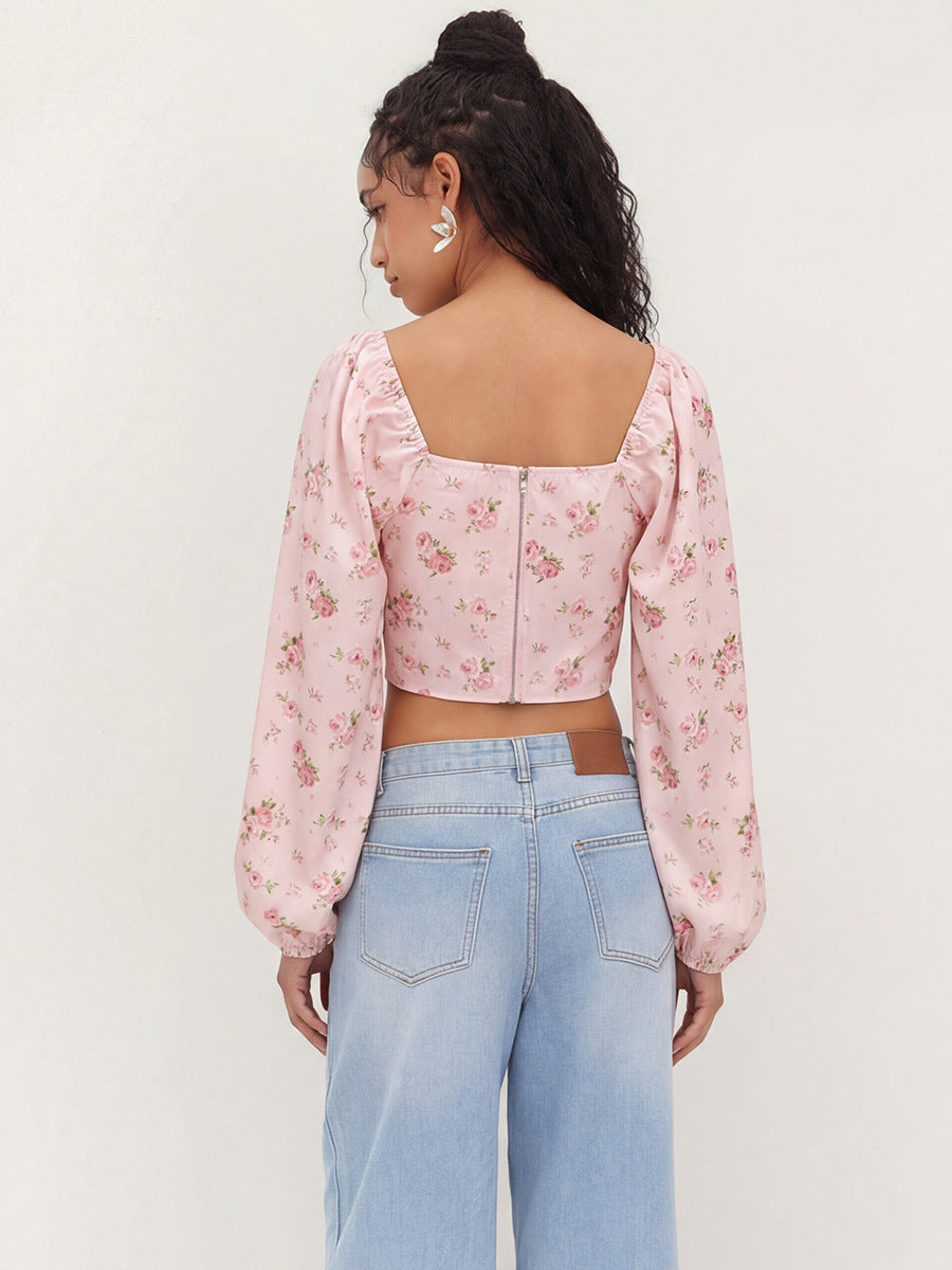 Pink Floral Square Neck Puff Sleeve Tie Front Crop Blouse