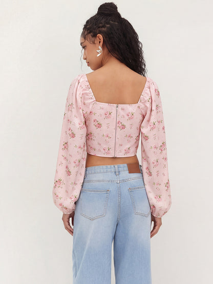 Pink Floral Square Neck Puff Sleeve Tie Front Crop Blouse