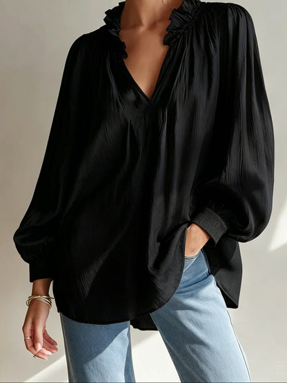 Women's Ruffle V-Neck Blouse Long Sleeve Loose Fit Top