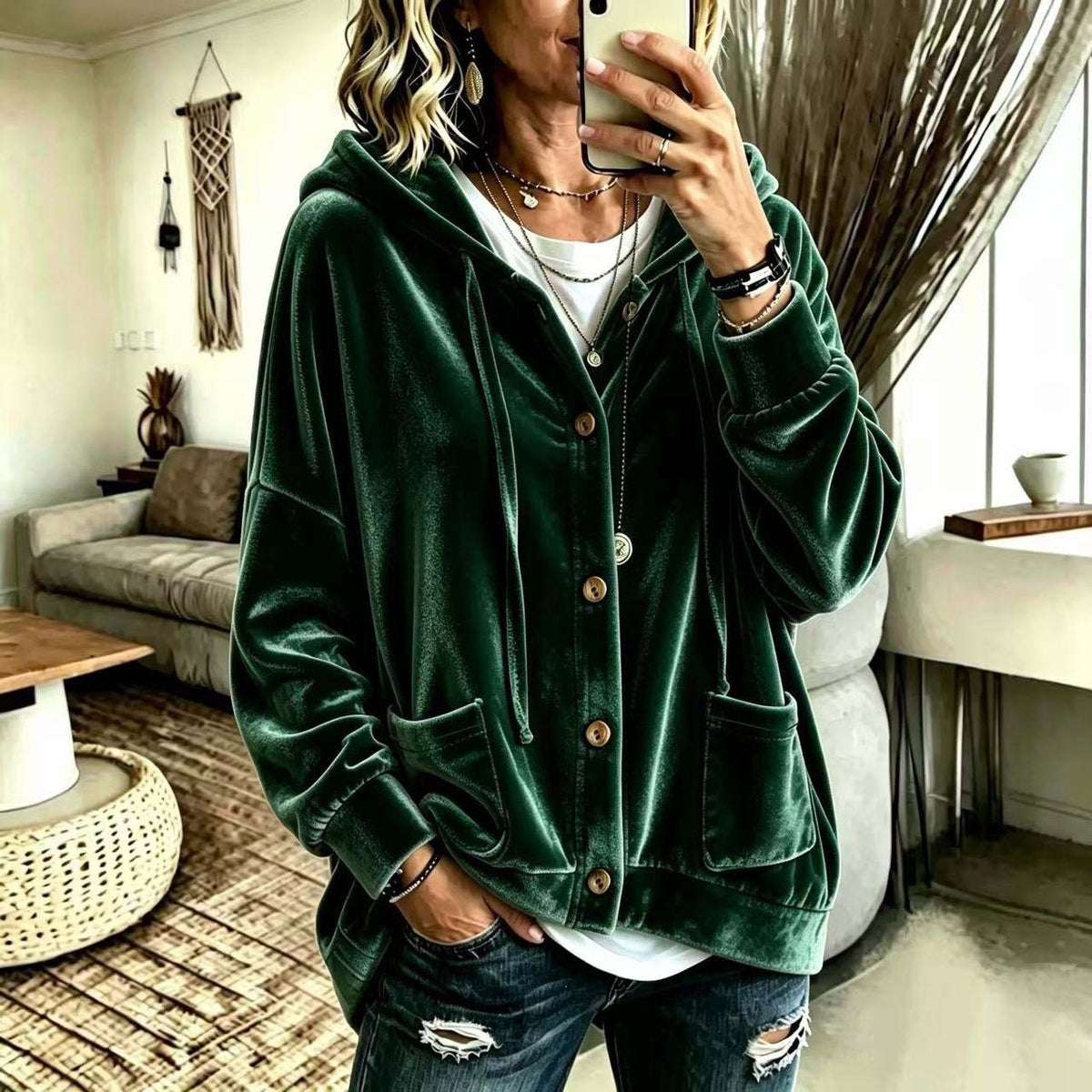 Women's Velvet Hooded Button Up Cardigan