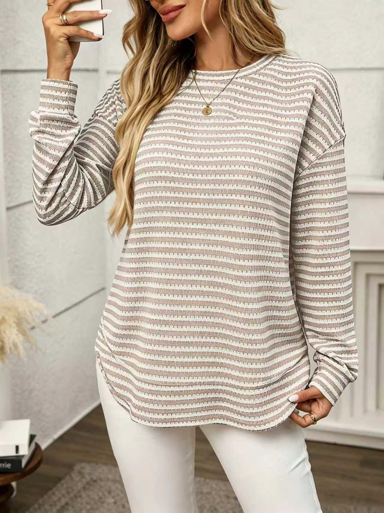 Striped waffle knit tunic top relaxed curved hem