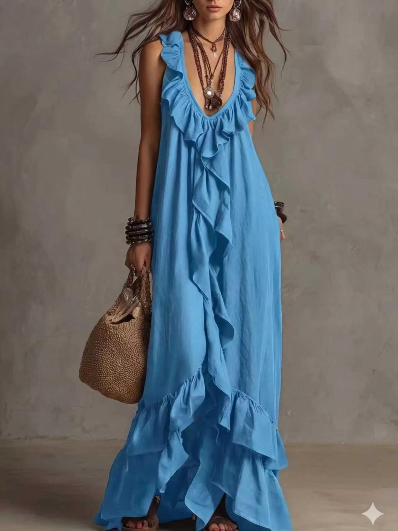 Women's Boho Ruffle V-Neck Sleeveless Maxi Dress