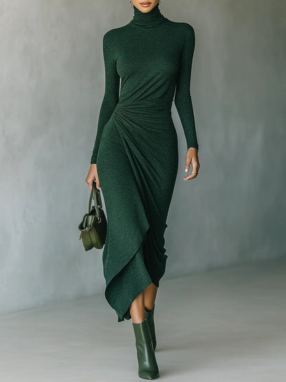 Turtleneck Ruched Long Sleeve Asymmetrical Midi Dress