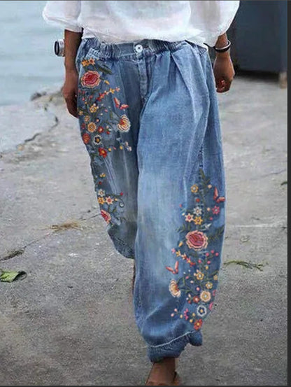 Women's Embroidered Denim Harem Pants Boho Floral Jeans