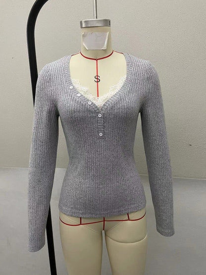 Women's Lace Trim V Neck Long Sleeve Ribbed Button Top