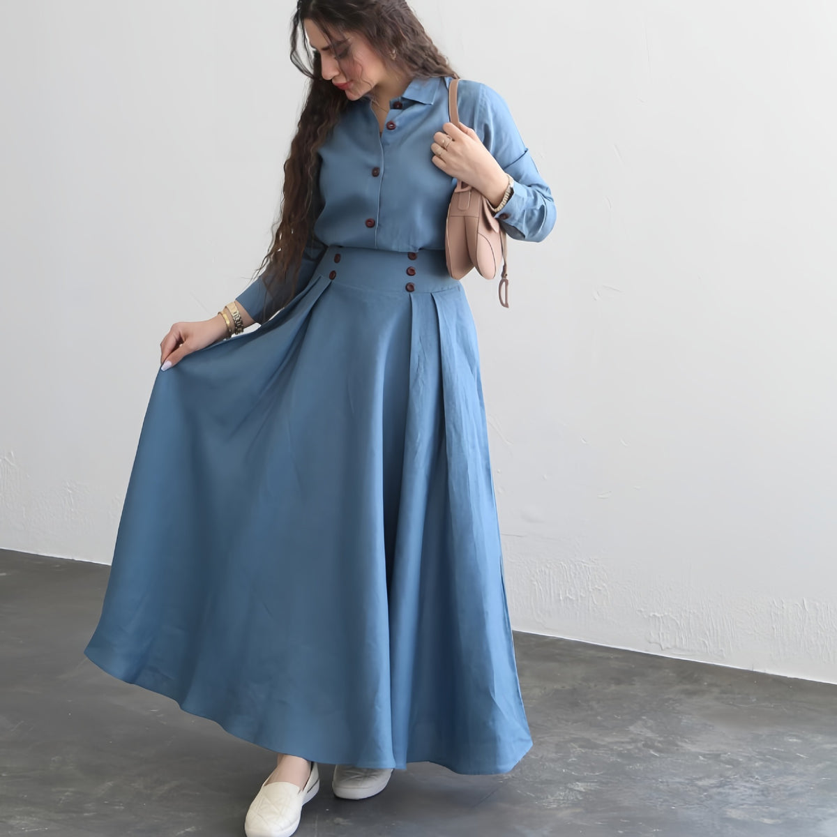 Elegant Women Long Sleeve Blouse Maxi Skirt Two Piece Set