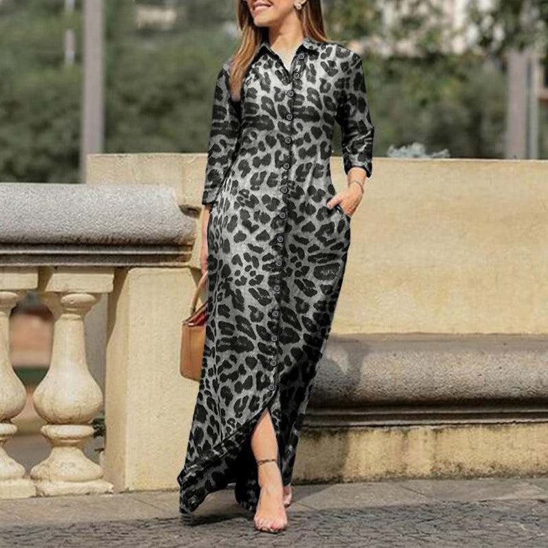 Women's Leopard Maxi Shirt Dress Long Sleeve Plus Size