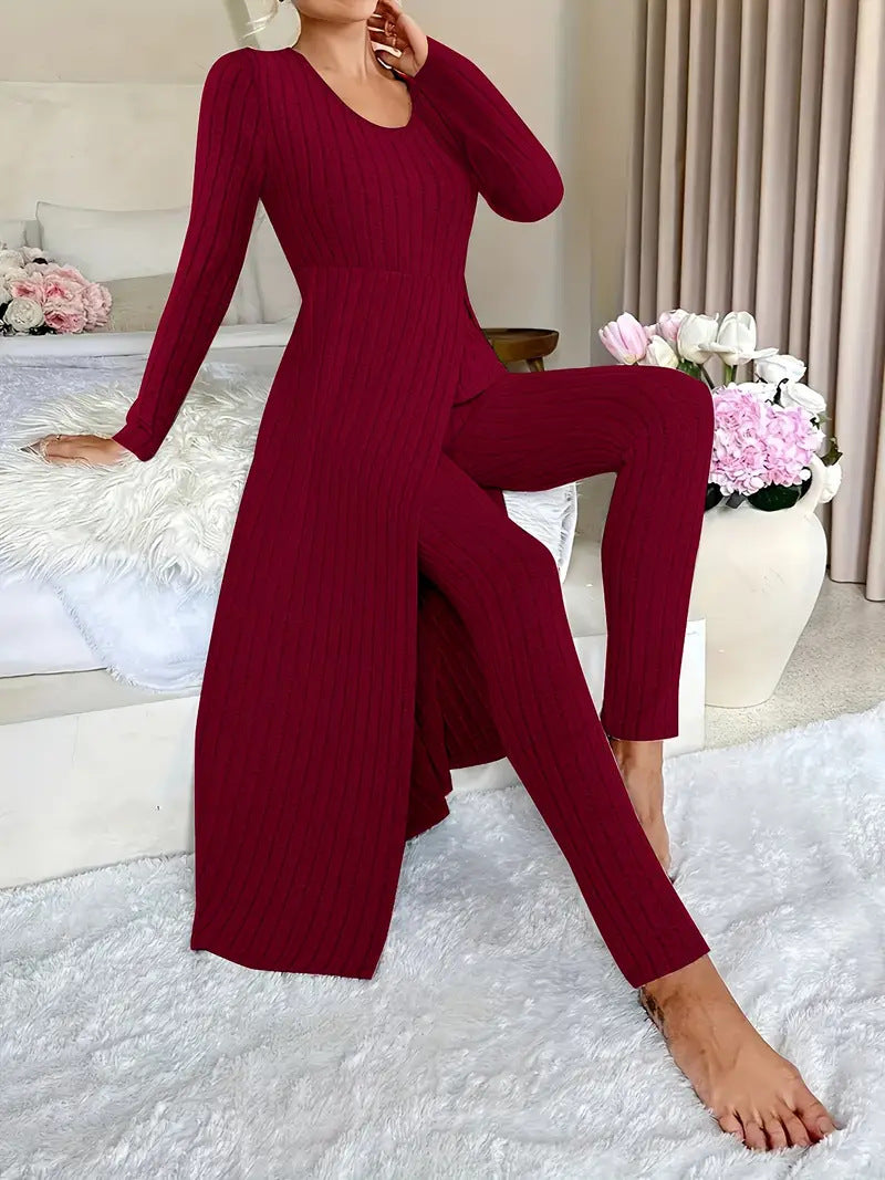 Women's Ribbed Knit Side Split Long Sleeve Two Piece Set