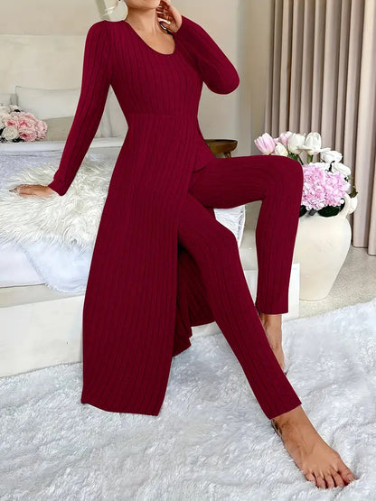 Women's Ribbed Knit Side Split Long Sleeve Two Piece Set