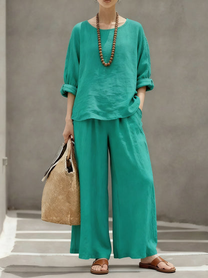 Women's Linen Cotton Matching Set Wide Leg Pants Two Piece
