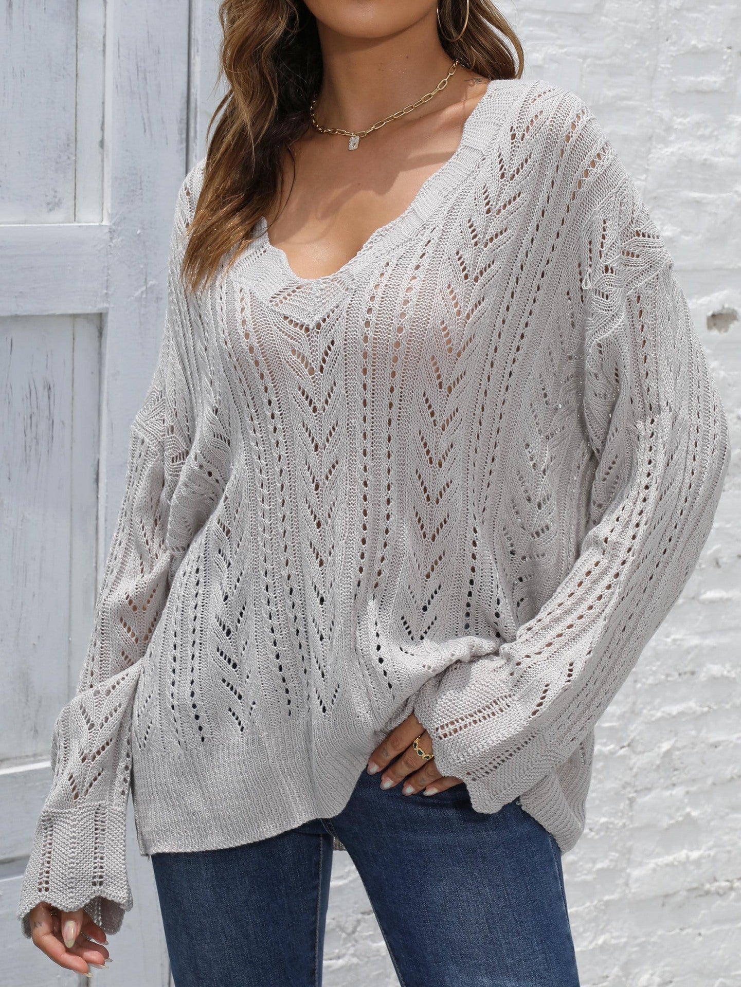 Women's Hollow Deep V-Neck Long Sleeve Loose Lazy Sweater