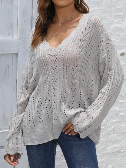 Women's Hollow Deep V-Neck Long Sleeve Loose Lazy Sweater