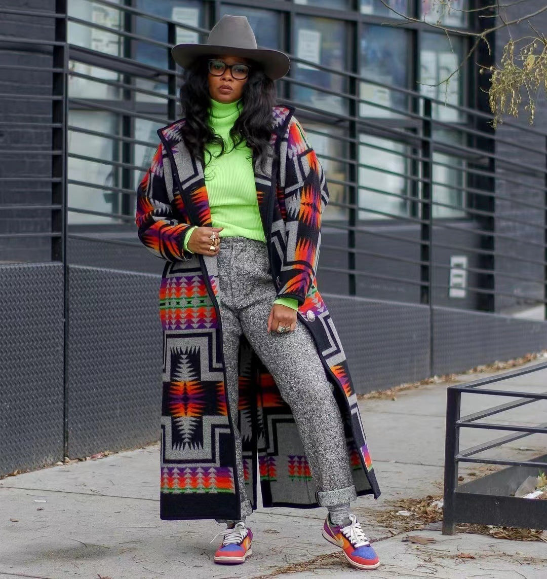 Women's Hooded Long Coat Geometric Print Jacket