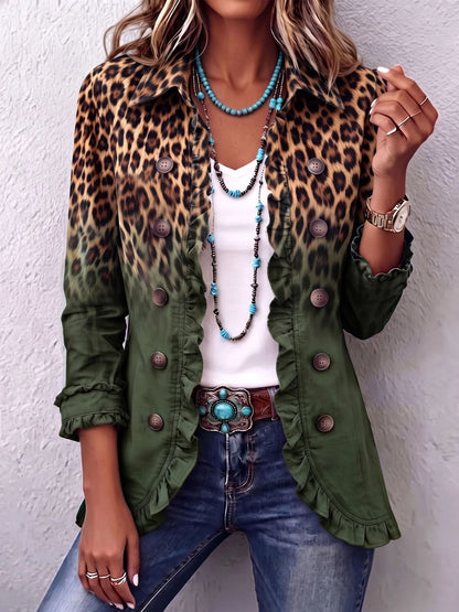 Women's Leopard Ruffle Button Down Long Sleeve Cardigan