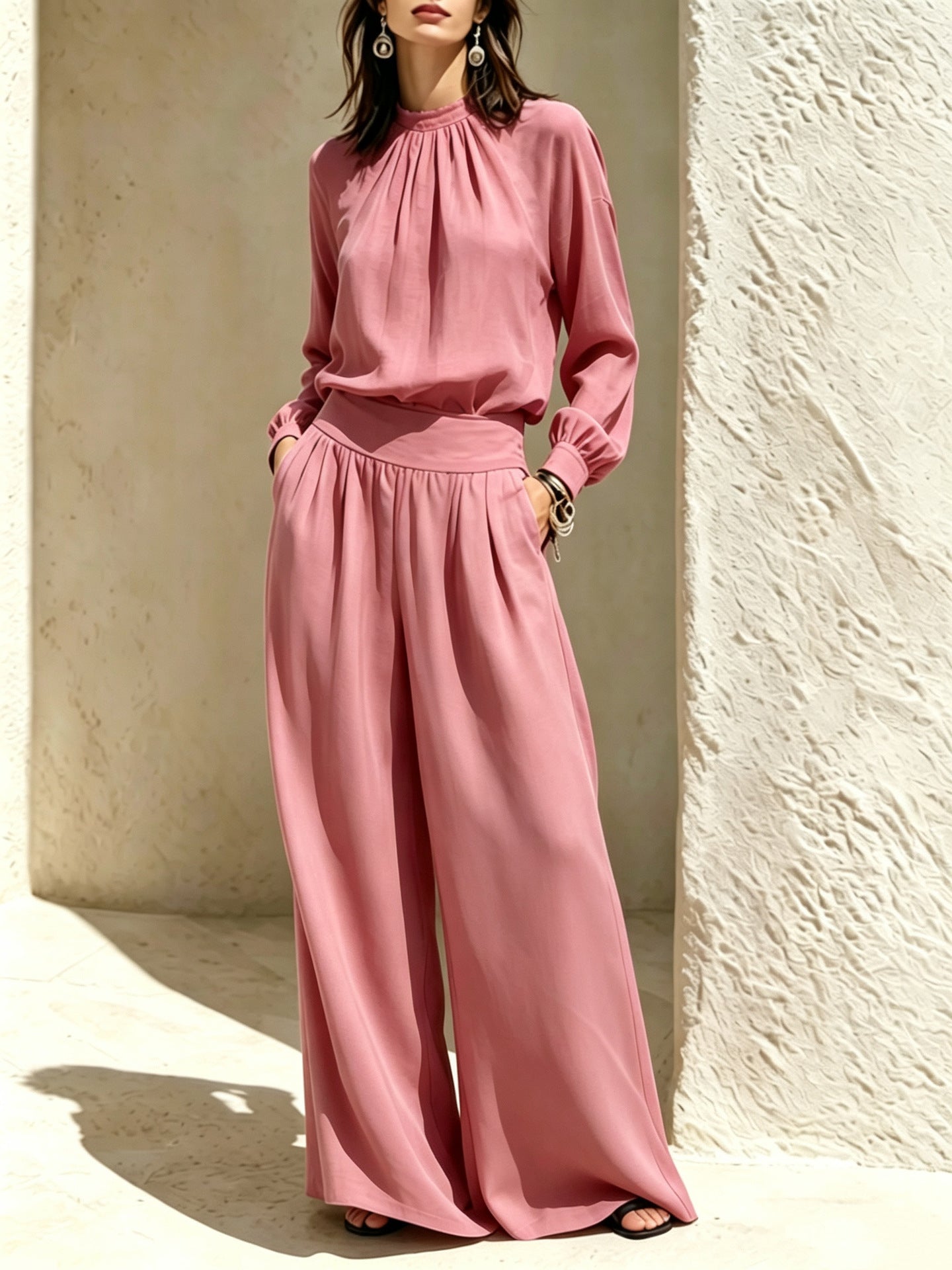 Women's Mock Neck Blouse Wide Leg Pants Matching Set