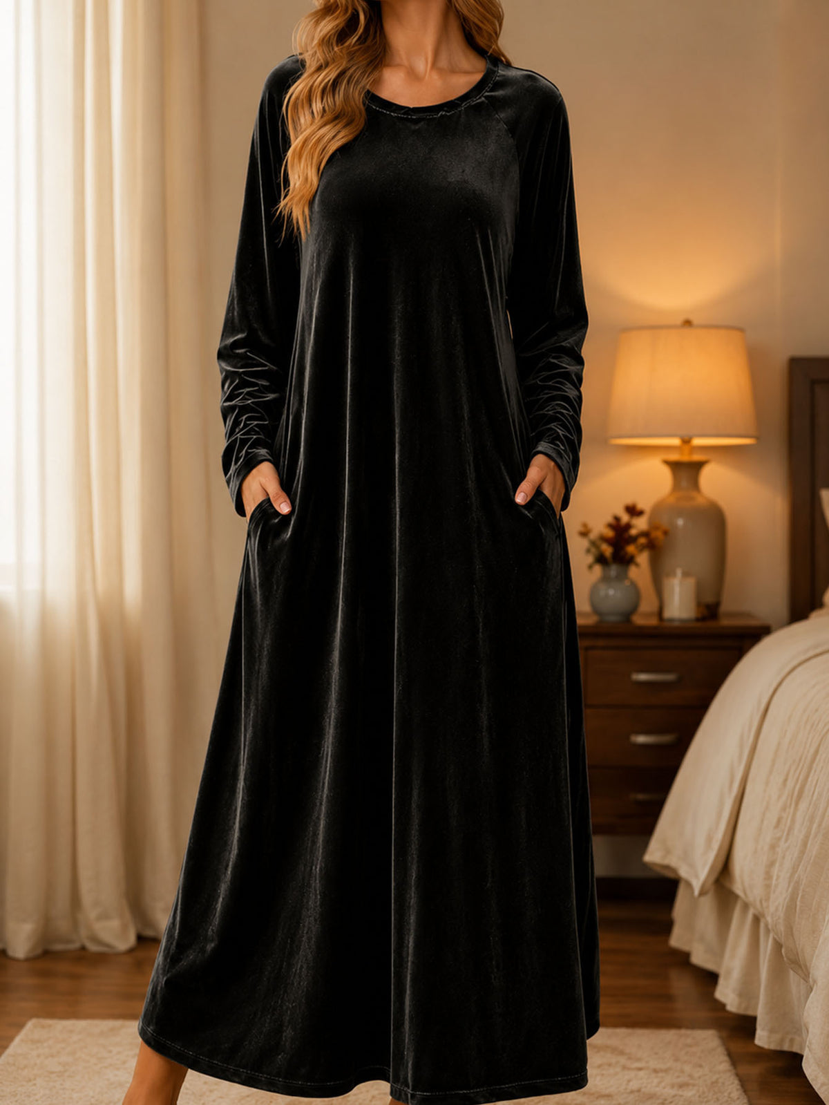 Women's Long Sleeve Velvet Maxi Dress A-Line with Pockets