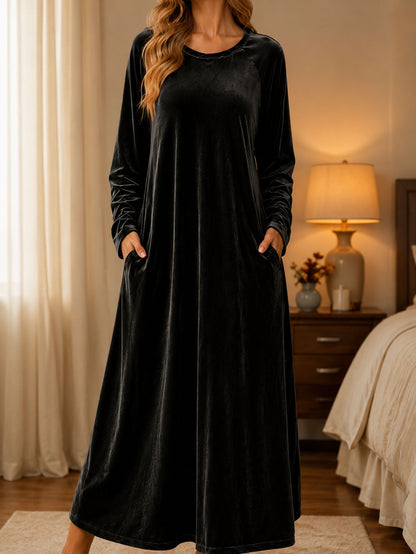 Women's Long Sleeve Velvet Maxi Dress A-Line with Pockets