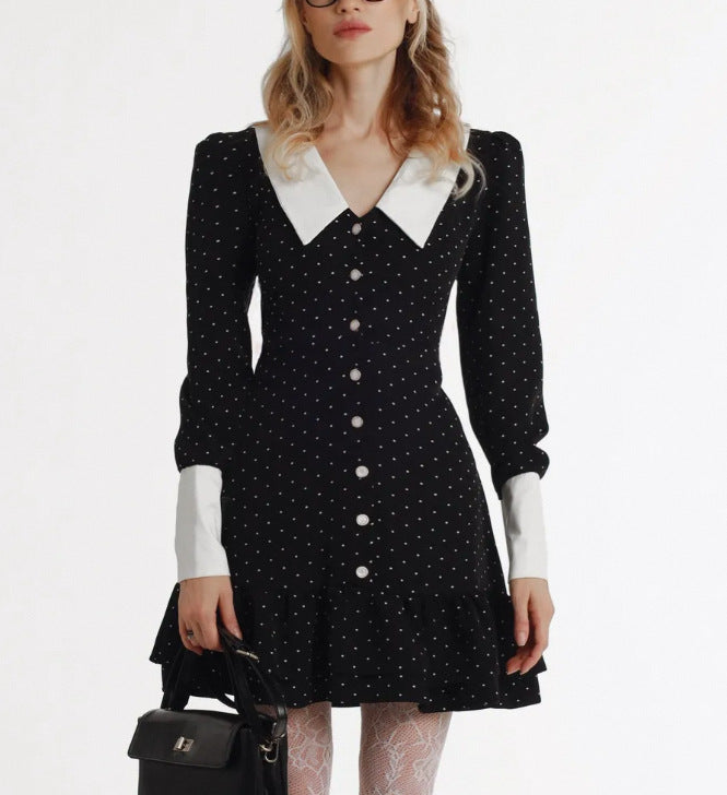 Polka Dot Contrast Collar Button Front A-Line Mini Dress