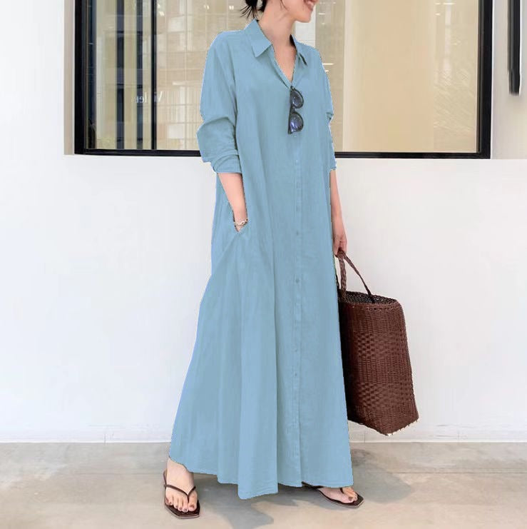Women's Cotton Linen Maxi Shirt Dress Long Sleeve Pockets
