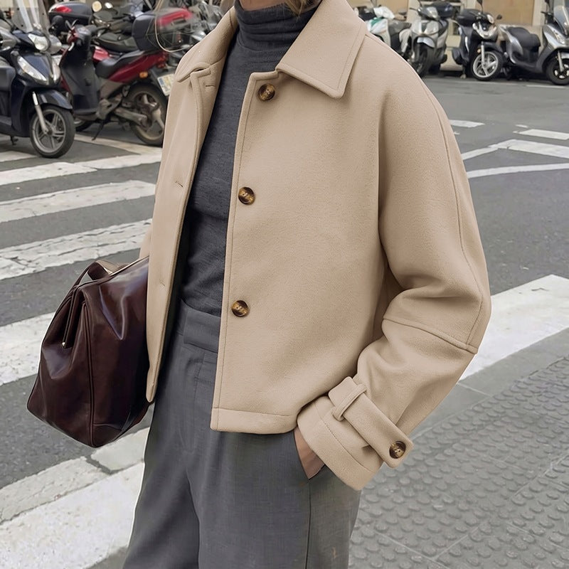 Textured Cropped Coat Lapel Button Front Jacket