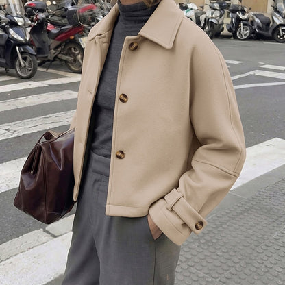 Textured Cropped Coat Lapel Button Front Jacket