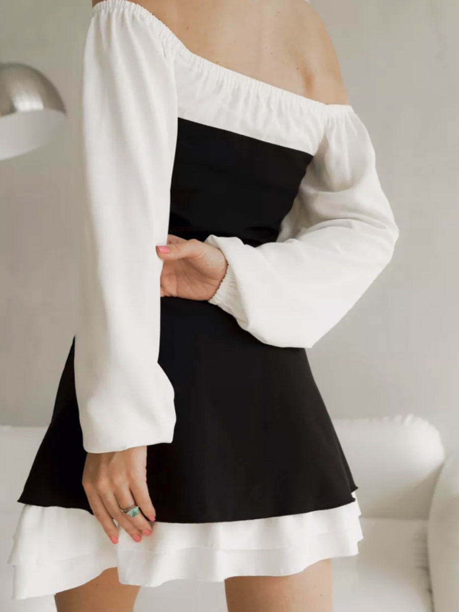 Black White Square Neck Puff Sleeve Ruffle A-Line Dress