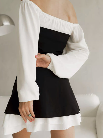 Black White Square Neck Puff Sleeve Ruffle A-Line Dress