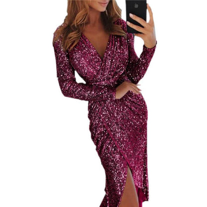 Sequin Long Sleeve V-Neck Bodycon Slit Midi Cocktail Dress