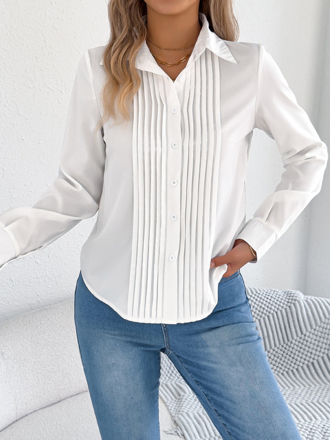 Elegant Pleated Long Sleeve Button Shirt for Women