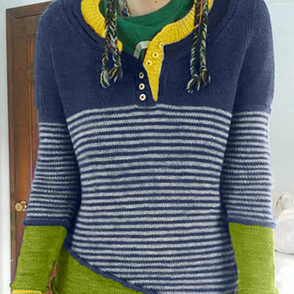 Womens Color Block Striped Henley Knit Sweater