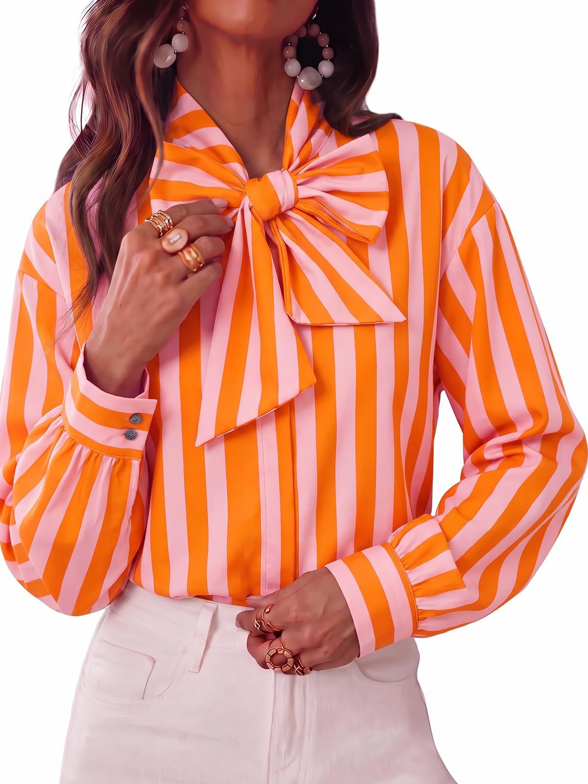 Women's Striped Tie Neck Long Sleeve Blouse Casual