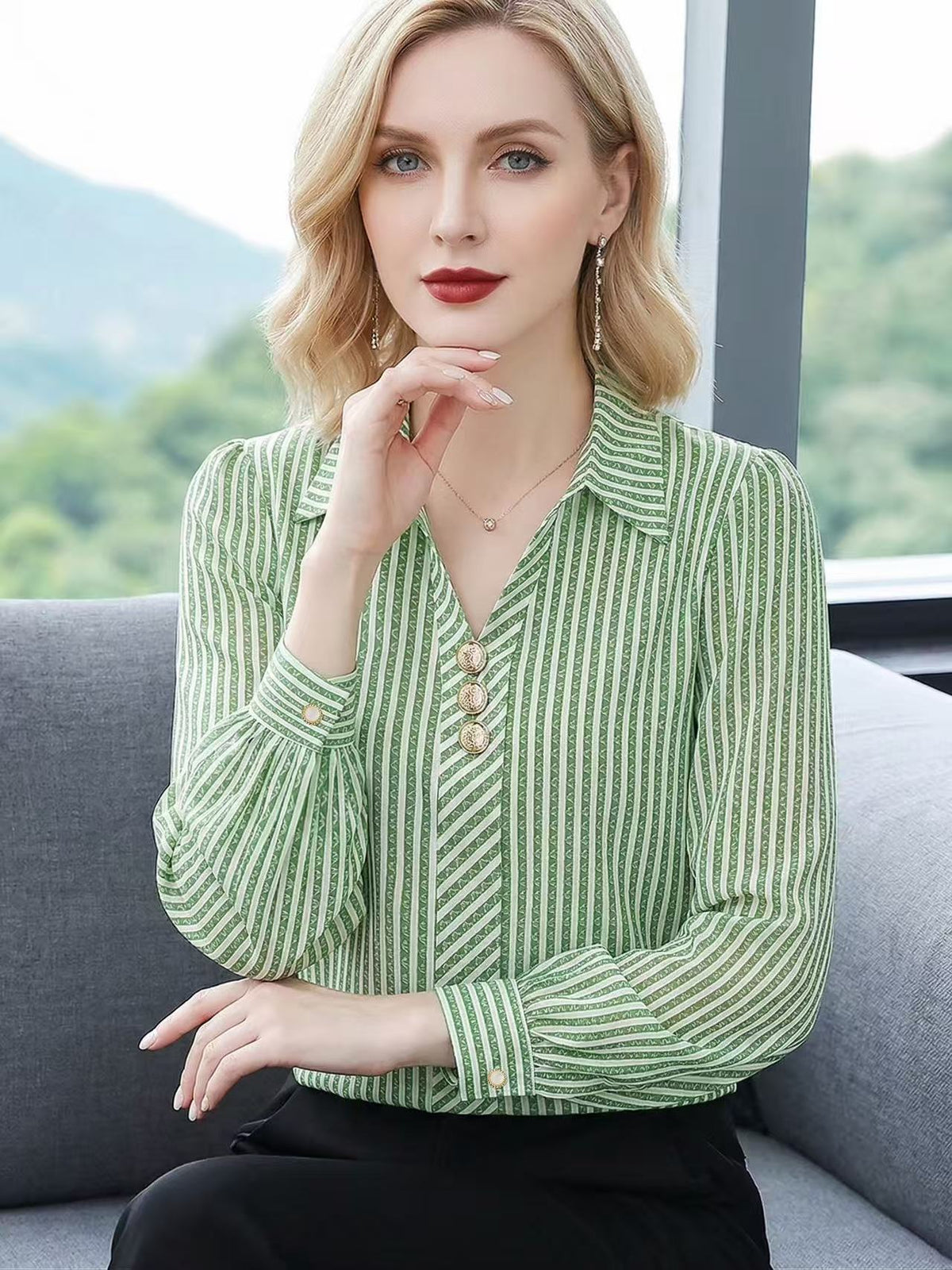 Women's Striped V Neck Collared Long Sleeve Blouse