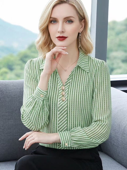 Women's Striped V Neck Collared Long Sleeve Blouse