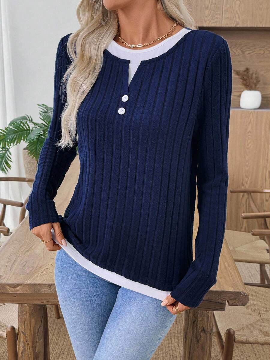 Ribbed Faux Layered Henley Long Sleeve Casual Top