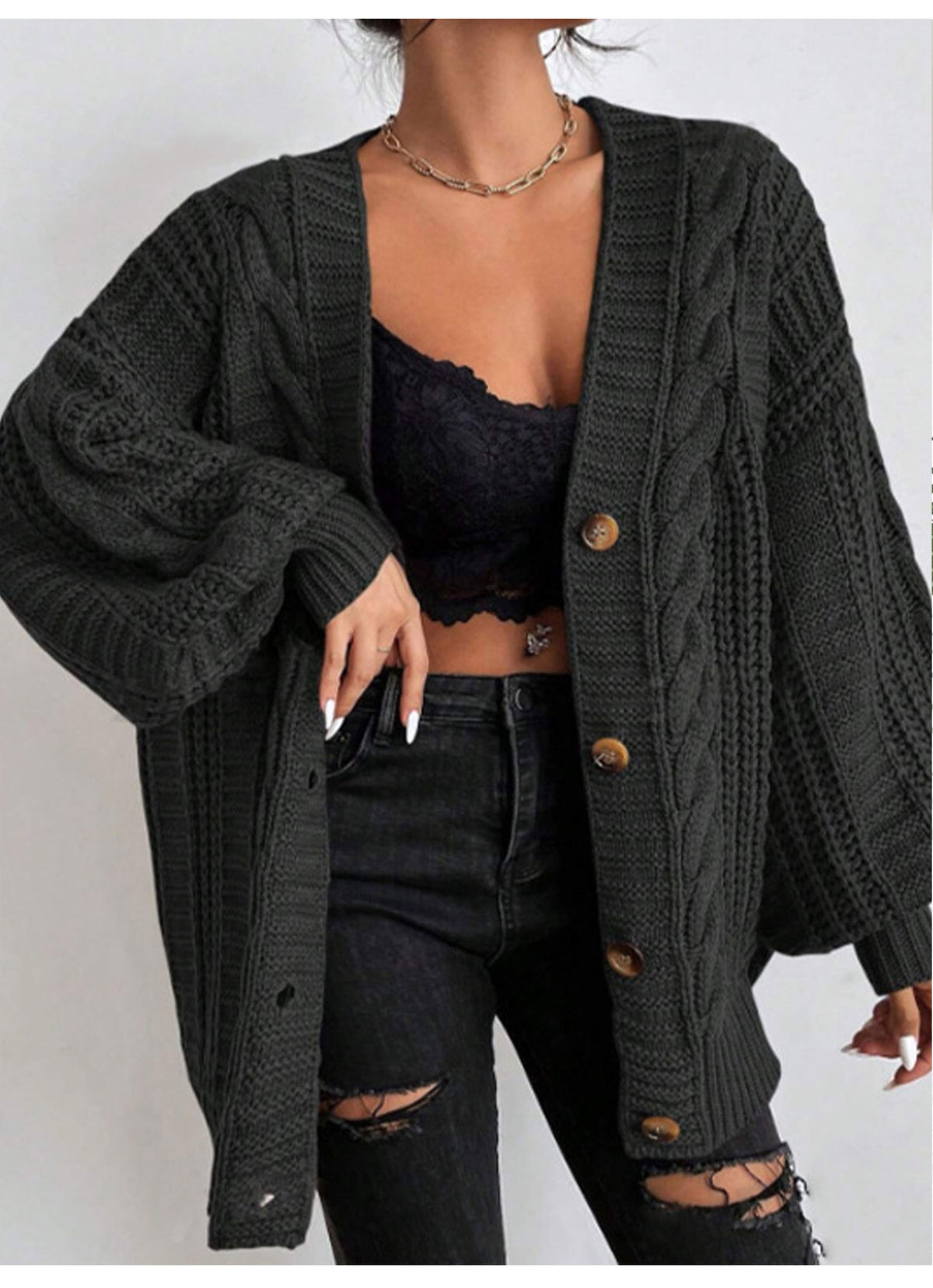 Women's Oversized Cable Knit V-Neck Lantern Sleeve Cardigan