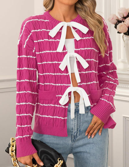 Women's Striped Bow Tie Front Cardigan Sweater