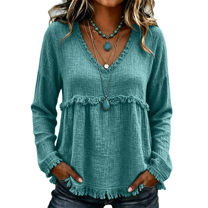 Women's Boho Fringe V Neck Long Sleeve Casual Blouse