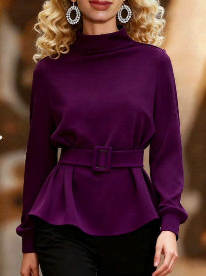 Women's Belted Fleece Peplum Mock Neck Pullover