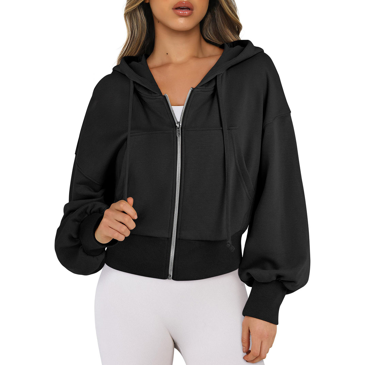 Women's Oversized Cropped Zip Up Hoodie Fleece Jacket
