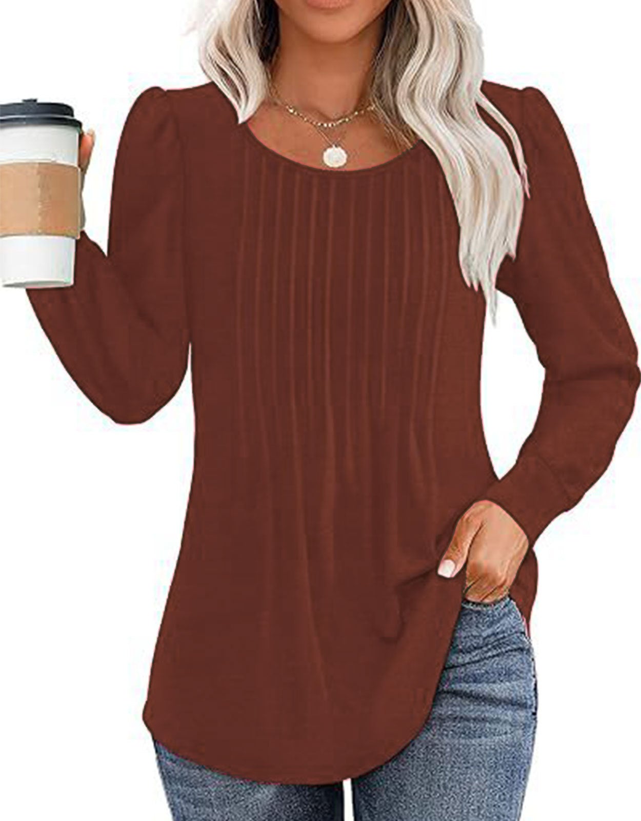 Solid Cotton Pintuck Blouse Long Sleeve Work Top