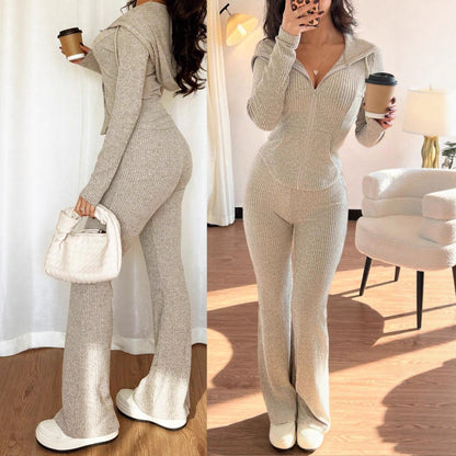 Women's Ribbed Half Zip Knit Top and Pants Matching Set