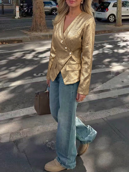 Metallic Gold Blazer V Neck Button Slim Jacket