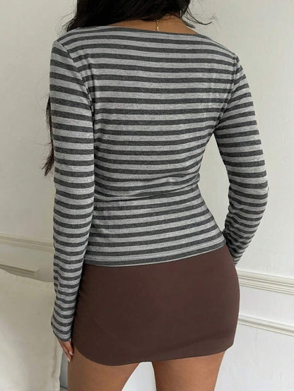 Striped Cotton Blend Long Sleeve Fitted Casual Tee