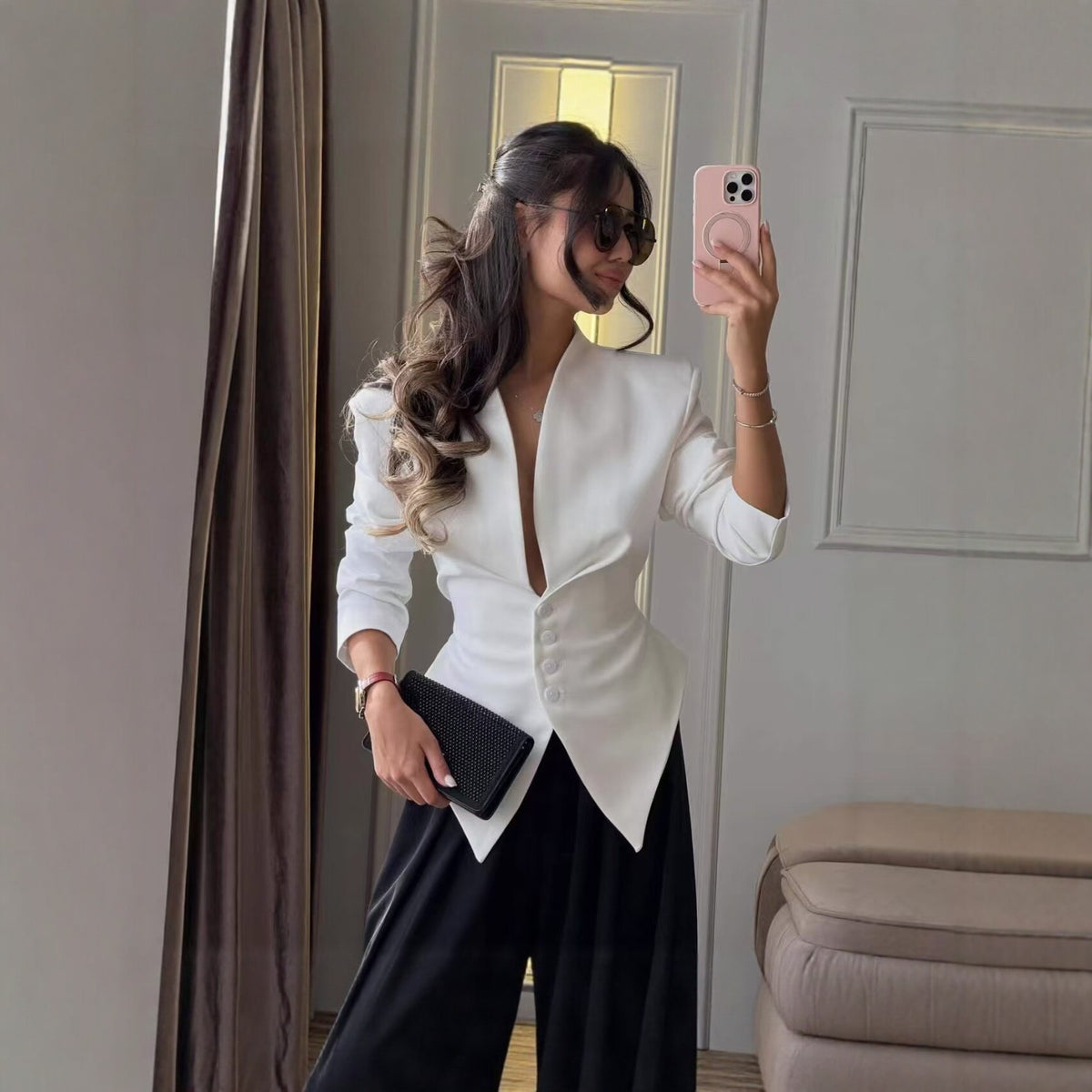 Women's V-Neck Cinched Waist Fitted Blazer Jacket