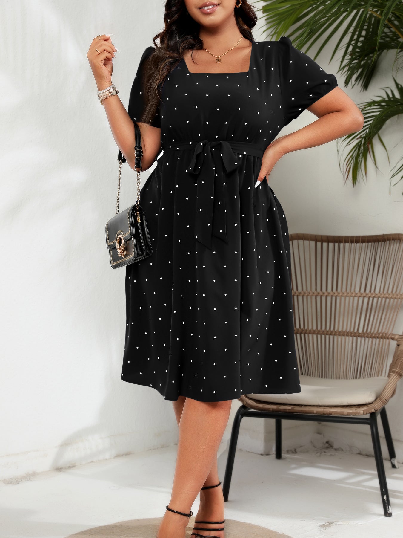 Plus Size Polka Dot Square Neck Tie Waist Midi Dress