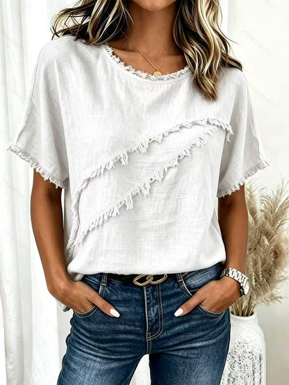 Women's Boho Fringe Linen Blend Batwing Sleeve Top